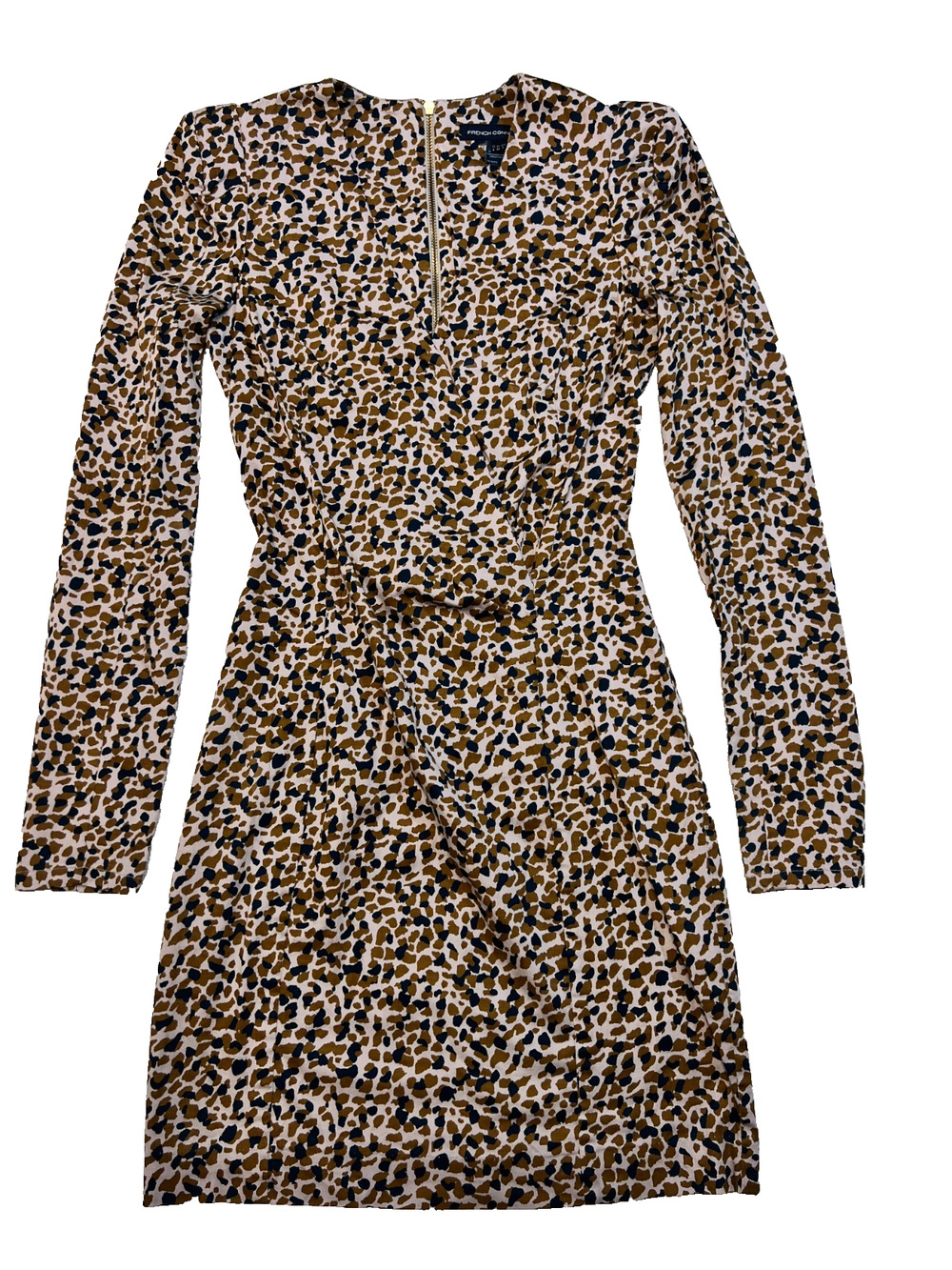 French Connection Woman Dress Leopard Print Camo Long Sleeve V Neckline, Size 2